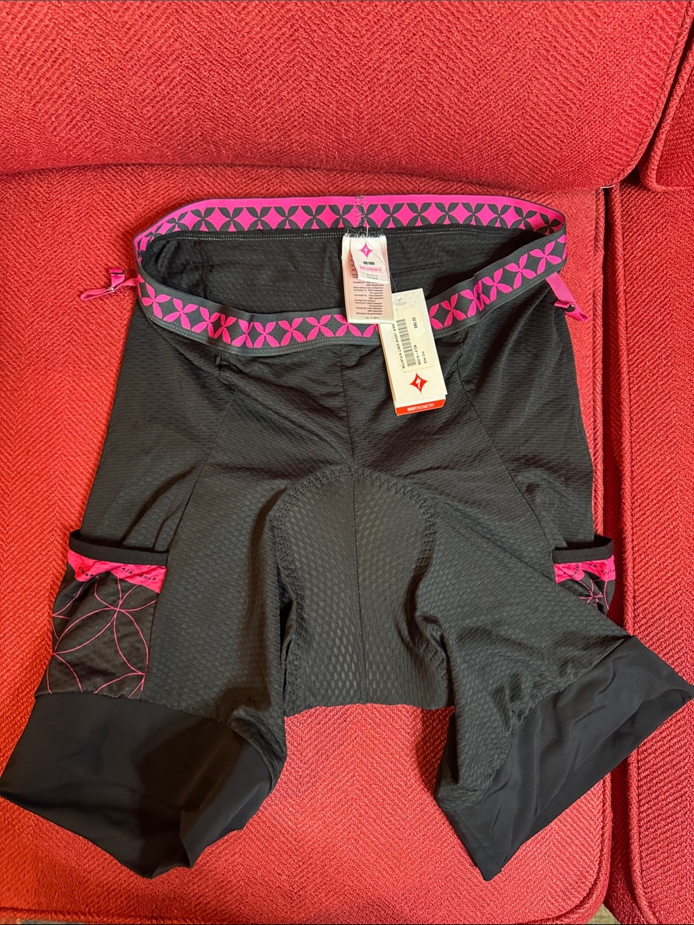 Women's Specialized Black Bike Shorts with Pink Trim & Patterned Waistband